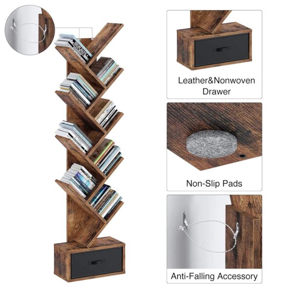 Rolanstar Bookshelf with Drawer, 9-Tier Tree Bookshelf, Rustic Brown Bookcase, Wooden Storage Rack for CDs/Movies/Books, Utility Organizer Shelves for Living Room, Bedroom, Home...
