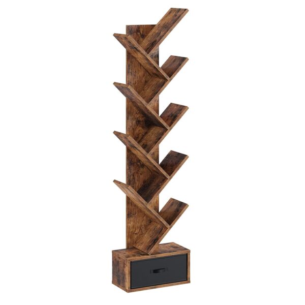 Rolanstar Bookshelf with Drawer, 9-Tier Tree Bookshelf, Rustic Brown Bookcase, Wooden Storage Rack for CDs/Movies/Books, Utility Organizer Shelves for Living Room, Bedroom, Home...