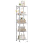SONGMICS 5-Tier Bathroom Shelf, Storage Rack for Small Space, with 5 PP Shelf Liners, Removable Hook, Extendable Design, Silver and Translucent ULGR023S01