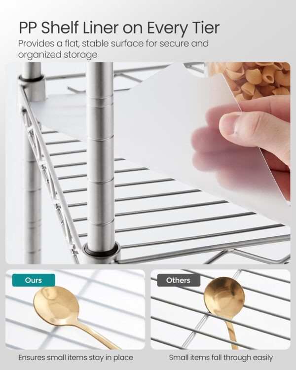 SONGMICS 5-Tier Bathroom Shelf, Storage Rack for Small Space, with 5 PP Shelf Liners, Removable Hook, Extendable Design, Silver and Translucent ULGR023S01