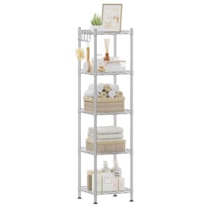 SONGMICS 5-Tier Bathroom Shelf, Storage Rack for Small Space, with 5 PP Shelf Liners, Removable Hook, Extendable Design, Silver and Translucent ULGR023S01