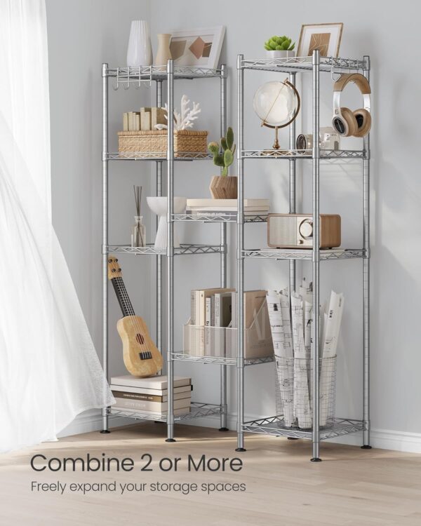 SONGMICS 5-Tier Bathroom Shelf, Storage Rack for Small Space, with 5 PP Shelf Liners, Removable Hook, Extendable Design, Silver and Translucent ULGR023S01