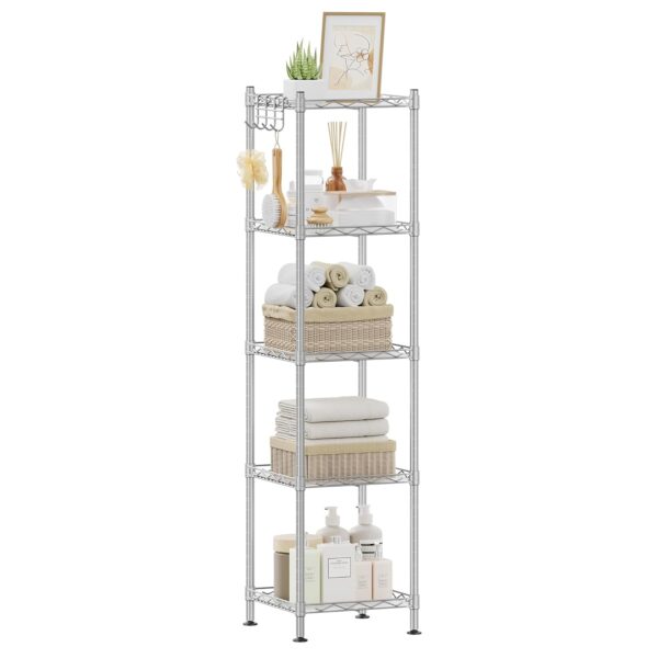 SONGMICS 5-Tier Bathroom Shelf, Storage Rack for Small Space, with 5 PP Shelf Liners, Removable Hook, Extendable Design, Silver and Translucent ULGR023S01