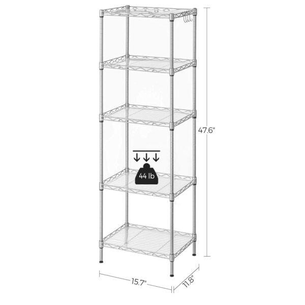 SONGMICS 5-Tier Metal Storage Shelves, Kitchen Wire Shelving Unit, Storage Rack with Adjustable Shelves, Shelf Liners, 8 Hooks, for Garage, 30 x 40 x 121 cm, Silver ULGR115E01
