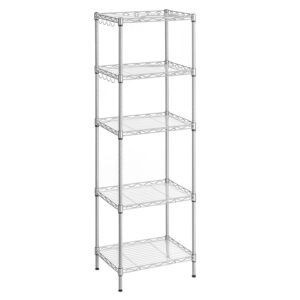 SONGMICS 5-Tier Metal Storage Shelves, Kitchen Wire Shelving Unit, Storage Rack with Adjustable Shelves, Shelf Liners, 8 Hooks, for Garage, 30 x 40 x 121 cm, Silver ULGR115E01