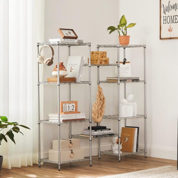 SONGMICS 5-Tier Metal Storage Shelves, Kitchen Wire Shelving Unit, Storage Rack with Adjustable Shelves, Shelf Liners, 8 Hooks, for Garage, 30 x 40 x 121 cm, Silver ULGR115E01