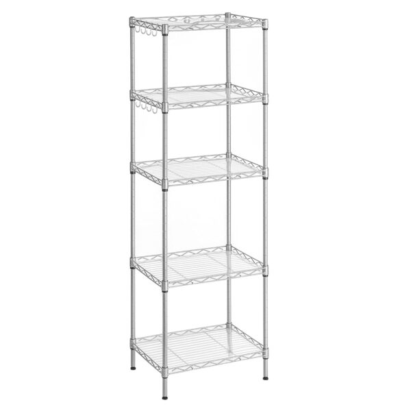 SONGMICS 5-Tier Metal Storage Shelves, Kitchen Wire Shelving Unit, Storage Rack with Adjustable Shelves, Shelf Liners, 8 Hooks, for Garage, 30 x 40 x 121 cm, Silver ULGR115E01