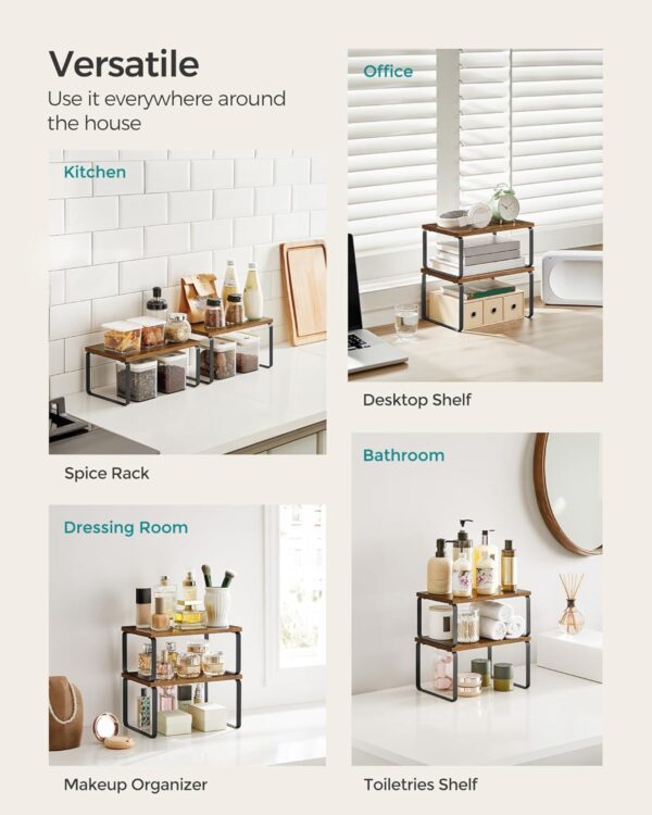 SONGMICS Cabinet Organizer Shelf, Set of 2 Kitchen Counter Shelves, Kitchen Storage, Spice Rack, Stackable, Expandable, Metal and Engineered Wood, Ink Black and Rustic Brown...