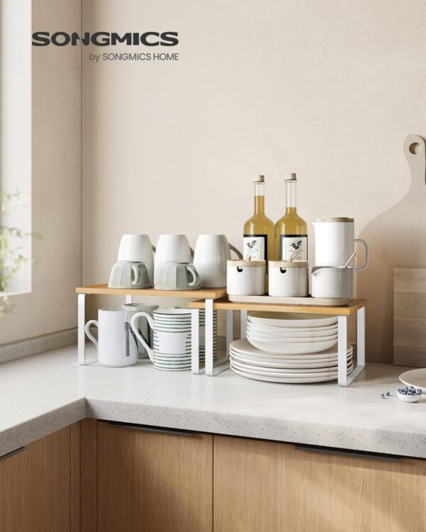 SONGMICS Cabinet Organizer Shelf, Set of 2 Kitchen Counter Shelves, Kitchen Storage, Spice Rack, Stackable, Expandable, Metal and Engineered Wood, Cloud White and Natural Beige...