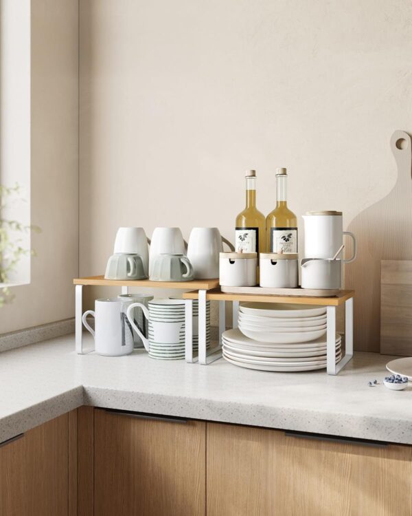 SONGMICS Cabinet Organizer Shelf, Set of 2 Kitchen Counter Shelves, Kitchen Storage, Spice Rack, Stackable, Expandable, Metal and Engineered Wood, Cloud White and Natural Beige...