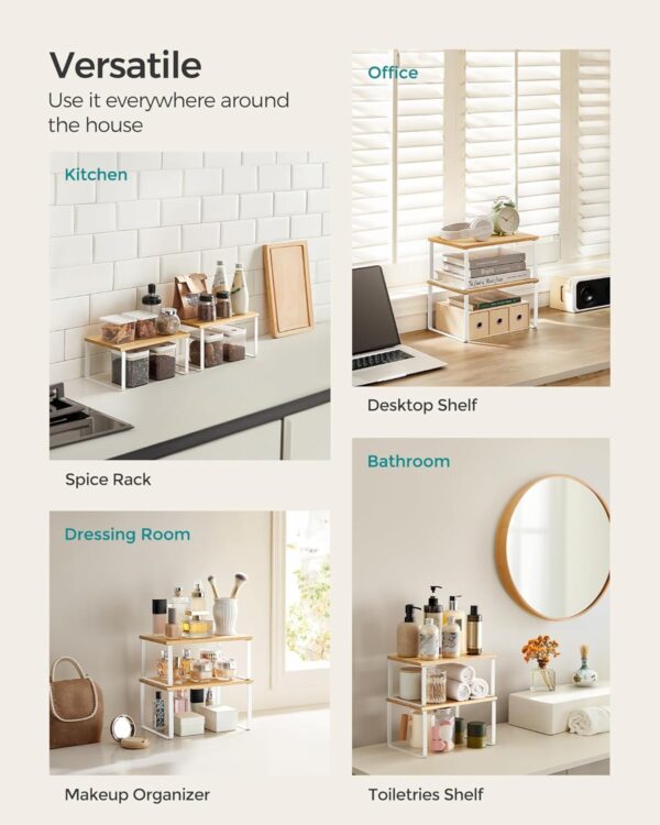 SONGMICS Cabinet Organizer Shelf, Set of 2 Kitchen Counter Shelves, Kitchen Storage, Spice Rack, Stackable, Expandable, Metal and Engineered Wood, Cloud White and Natural Beige...