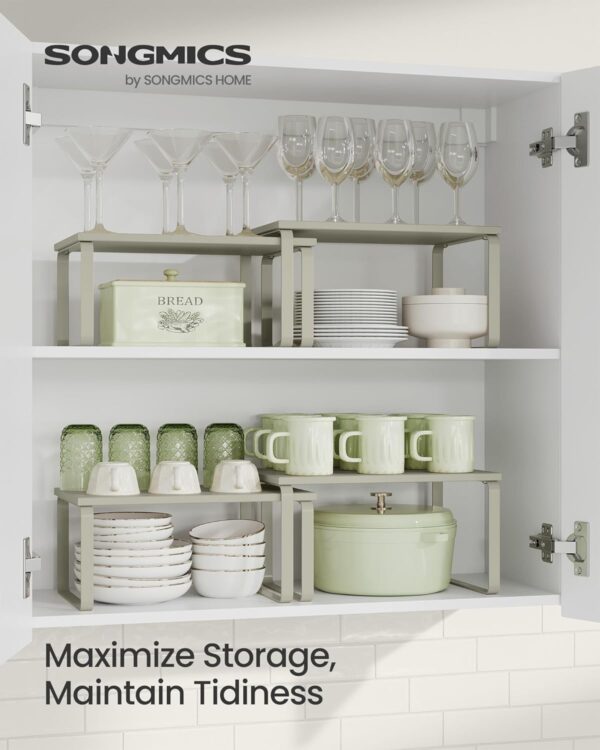 SONGMICS Cabinet Organizer Shelf, Set of 2 Kitchen Counter Shelves, Kitchen Storage, Spice Rack, Stackable, Expandable, Metal and Engineered Wood, Cappuccino Beige UKCS002K01