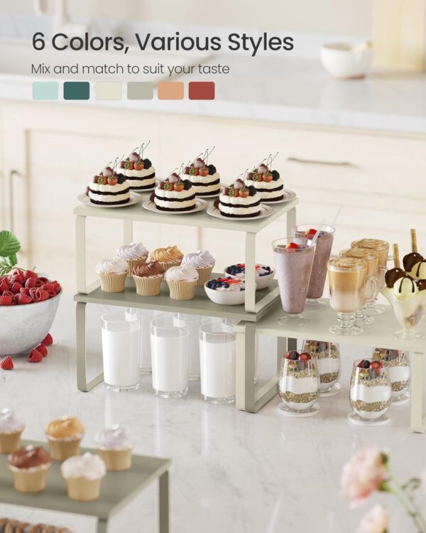 SONGMICS Cabinet Organizer Shelf, Set of 2 Kitchen Counter Shelves, Kitchen Storage, Spice Rack, Stackable, Expandable, Metal and Engineered Wood, Cappuccino Beige UKCS002K01