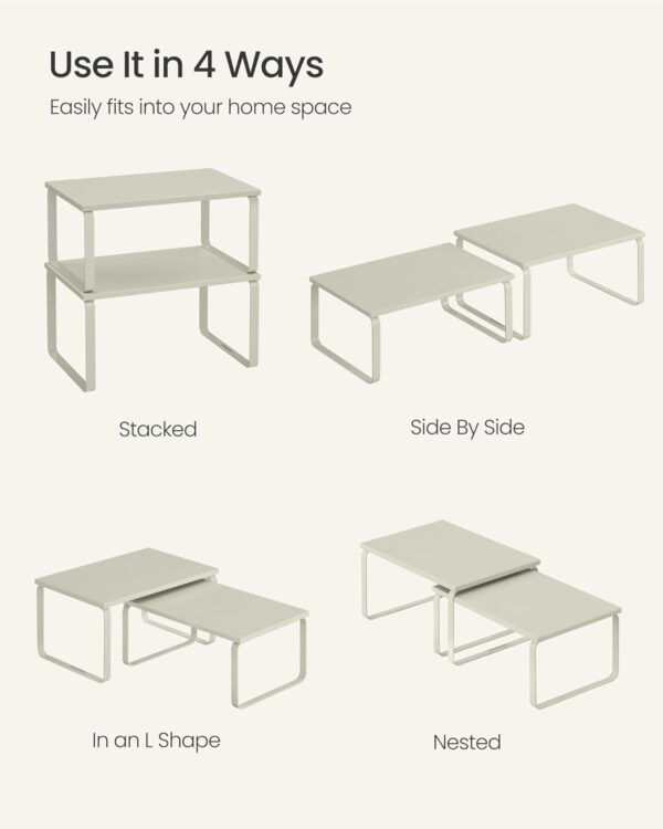 SONGMICS Cabinet Organizer Shelf, Set of 2 Kitchen Counter Shelves, Kitchen Storage, Spice Rack, Stackable, Expandable, Metal and Engineered Wood, Cappuccino Beige UKCS002K01