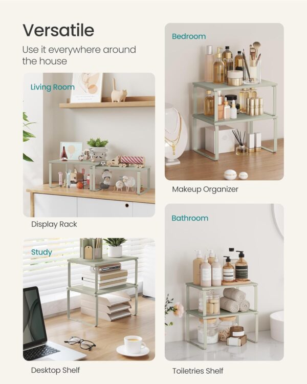 SONGMICS Cabinet Organizer Shelf, Set of 2 Kitchen Counter Shelves, Kitchen Storage, Spice Rack, Stackable, Expandable, Metal and Engineered Wood, Cappuccino Beige UKCS002K01