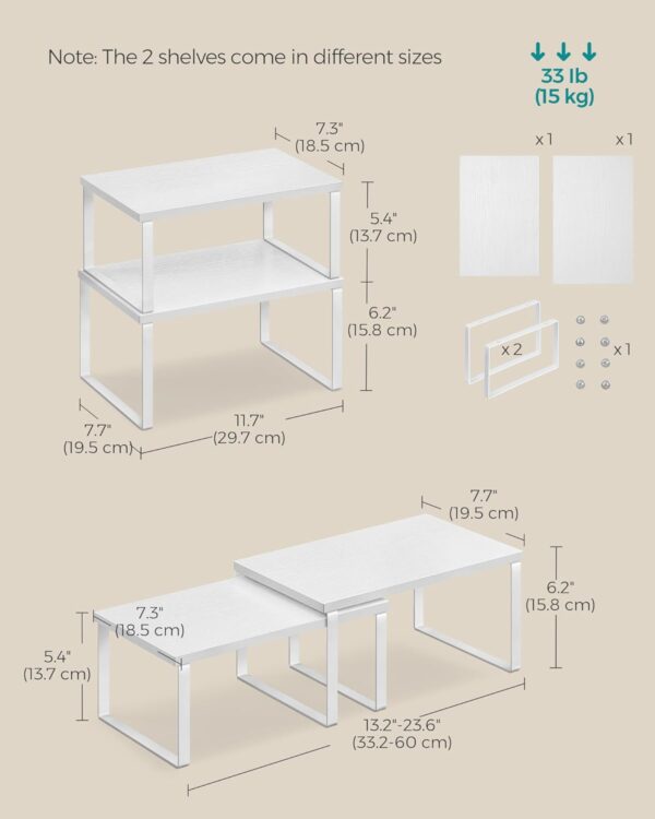 SONGMICS Cabinet Organizer Shelf, Set of 2 Kitchen Counter Shelves, Kitchen Storage, Spice Rack, Stackable, Expandable, Metal and Engineered Wood, Cloud White and Snow White...