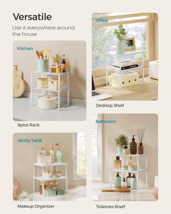 SONGMICS Cabinet Organizer Shelf, Set of 2 Kitchen Counter Shelves, Kitchen Storage, Spice Rack, Stackable, Expandable, Metal and Engineered Wood, Cloud White and Snow White...