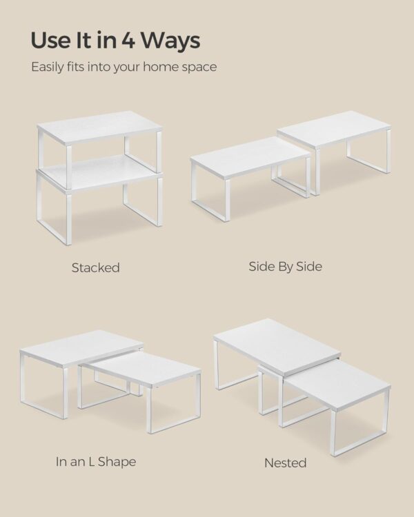 SONGMICS Cabinet Organizer Shelf, Set of 2 Kitchen Counter Shelves, Kitchen Storage, Spice Rack, Stackable, Expandable, Metal and Engineered Wood, Cloud White and Snow White...