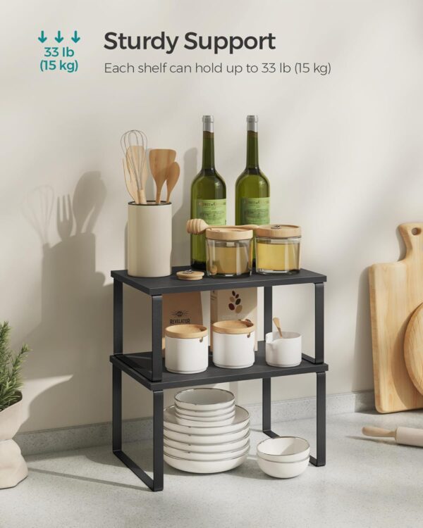 SONGMICS Cabinet Organizer Shelf, Set of 2 Kitchen Counter Shelves, Kitchen Storage, Spice Rack, Stackable, Expandable, Metal and Engineered Wood, Ink Black and Charcoal Black...