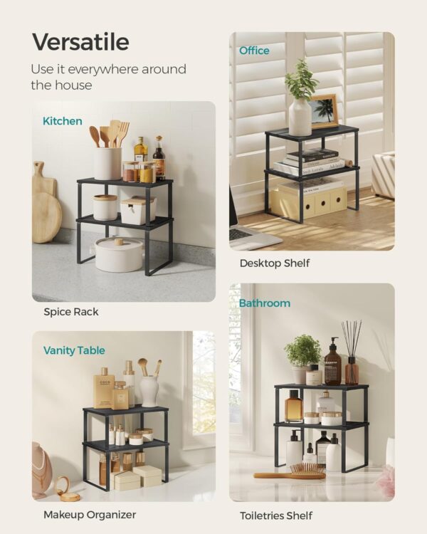 SONGMICS Cabinet Organizer Shelf, Set of 2 Kitchen Counter Shelves, Kitchen Storage, Spice Rack, Stackable, Expandable, Metal and Engineered Wood, Ink Black and Charcoal Black...