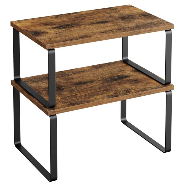 SONGMICS Cabinet Organizer Shelf, Set of 2 Kitchen Counter Shelves, Kitchen Storage, Spice Rack, Stackable, Expandable, Metal and Engineered Wood, Ink Black and Rustic Brown...