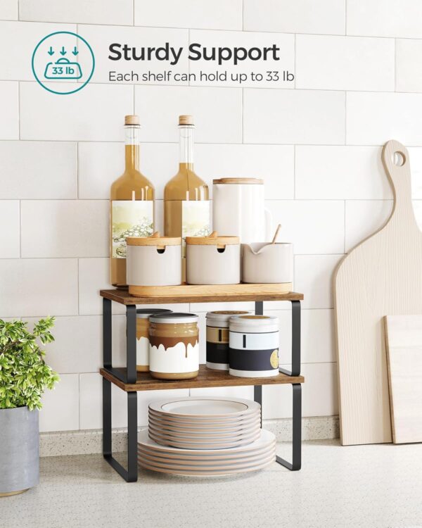 SONGMICS Cabinet Organizer Shelf, Set of 2 Kitchen Counter Shelves, Kitchen Storage, Spice Rack, Stackable, Expandable, Metal and Engineered Wood, Ink Black and Rustic Brown...