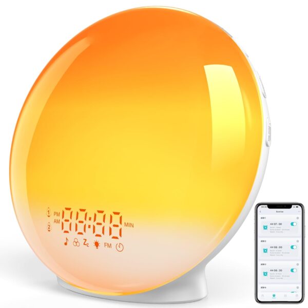 Sunrise Alarm Clock for Heavy Sleepers, Smart Wake Up Light with Sunrise/Sunset Simulation, App Controlled, Natural Sounds & FM Radio, 7 Alarms & Snooze, 11 Colors Night Light...