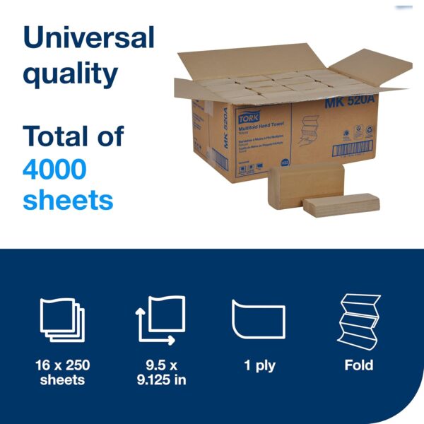 Tork Universal MK520A Multifold Paper Hand Towel, 1-Ply, 9.5" Width x 9.13" Length, Natural, (Case of 16 Packs, 250 per Pack, 4,000 Towels)