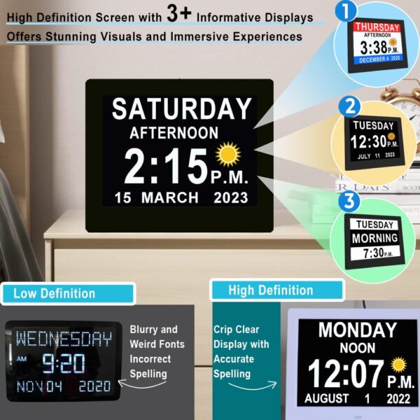 【Upgraded】 Dementia Clock 2.0 with 20 Alarms Custom Reminders, 8" Large Calendar Day Clock, AM/PM, Auto DST, 6 Display, 10 Levels Auto Dimmer, 8 Inch Clock with Day & Date for...