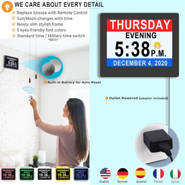 【Upgraded】 Dementia Clock 2.0 with 20 Alarms Custom Reminders, 8" Large Calendar Day Clock, AM/PM, Auto DST, 6 Display, 10 Levels Auto Dimmer, 8 Inch Clock with Day & Date for...