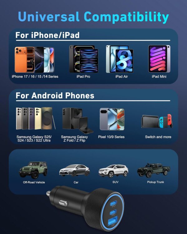 USB C Car Charger, 3-Port 67W Super Fast Charging Dual USB-C & USB-A Car Charger Accessories Cigarette Lighter Adapter for iPhone 17 16e 16 15 14 13 12 11 Pro Max, iPad, Galaxy,...
