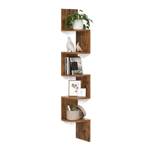 VASAGLE Corner Shelf Wall Mount, 5-Tier Floating Corner Bookshelf, Plant Shelf for Bedroom, Living Room, Bathroom, Home Office, Rustic Brown