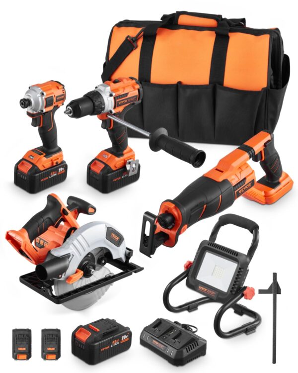 VEVOR Tool Combo Kit, 20V Brushless 5-Tool Combo Kit, Cordless Power Tool Combo Kit, Cordless Drill and Impact Driver, with 4.0 Ah Batteries, Charger, Reciprocating Saw,...