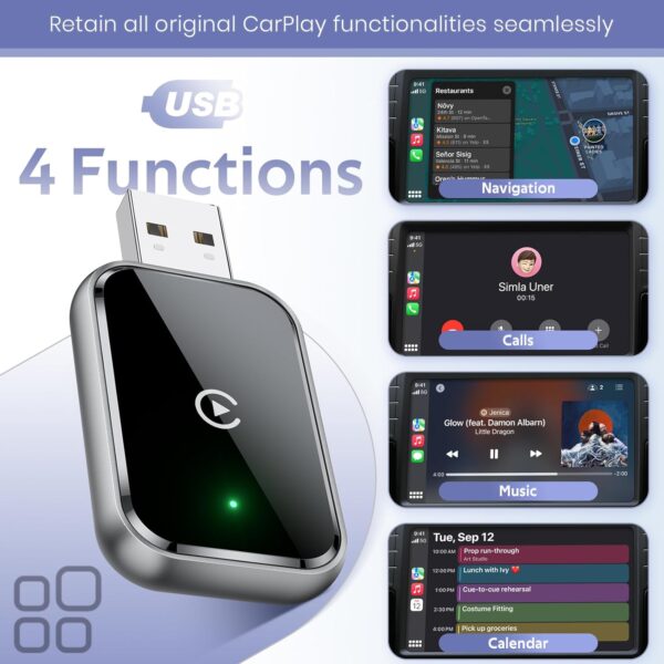 Wireless CarPlay Adapter for iPhone, Convert Wired to Wireless CarPlay Adapter, Mini Size with Extension Cable USB & USB-C/Type-C, Stable Car Control & No Delay, Black