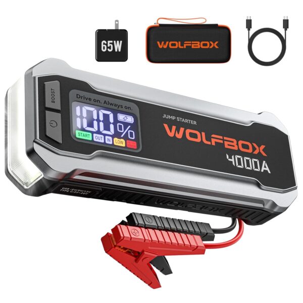 WOLFBOX MV24 4000A Jump Starter,12V Car Booster Pack with 65W Quick Charger,LED Display, 88.8Wh Portable Jump Starter Battery (10L Gas 10L Diesel Engine) with LED Light, Jumper...